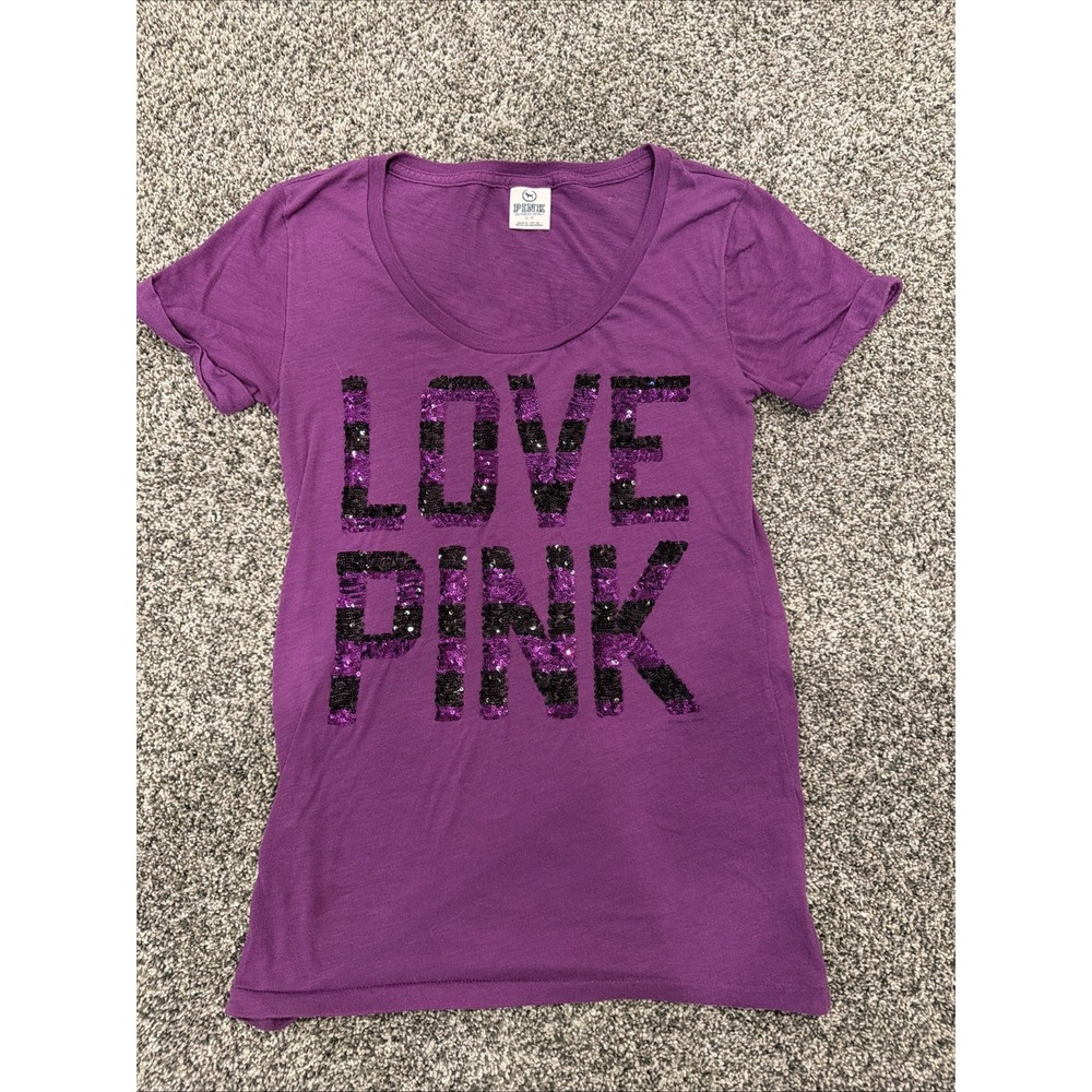 Victorias Secret Vintage Y2k LOVE PINK Sequined Logo Tee Shirt SMALL Purple